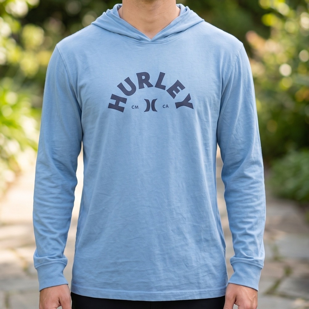 Hurley Mens Blue Cotton Graphic Logo Long Sleeve Hooded T-Shirt Costa Mesa CA